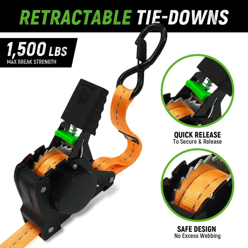 Tow-max Retractable Ratchet Straps(4 Pack) - 1in x 10ft Self Retracting Ratchet Straps with Soft Loops, 1,500 lbs Break Strength Retractable Tie Down Straps, Easy Retract for Motorcyle, Cargo, Truck, Trailer - Image 2